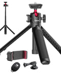 Two In One Mini Tripod Selfie Stick For iPhone And Camera Mount With 360 Degree Ball Head And Cold Shoe, extended view with accessories.