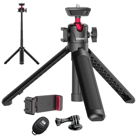 Two In One Mini Tripod Selfie Stick For iPhone And Camera Mount With 360 Degree Ball Head And Cold Shoe, extended view with accessories.