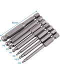 Solid S2 Alloy Steel 7-Piece Screwdriver Bits With Strong Magnetic Ball Heads Perfect For Electric Hand Drills And Professional Tool Kits In 1/4 Inch Hex Shank Design That Keeps Screws Locked Tight While You Work Hard. 65mm S2 hex bits H2-H8