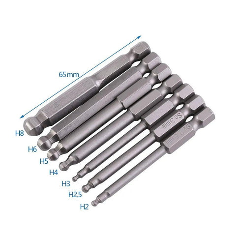Solid S2 Alloy Steel 7-Piece Screwdriver Bits With Strong Magnetic Ball Heads Perfect For Electric Hand Drills And Professional Tool Kits In 1/4 Inch Hex Shank Design That Keeps Screws Locked Tight While You Work Hard. 65mm S2 hex bits H2-H8