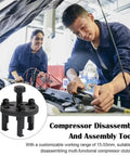 Mechanics using All In One Auto AC Repair Wrench Set With Clutch Removal Tools in a garage, with close-up of a disassembly tool.