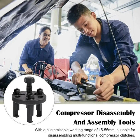 Mechanics using All In One Auto AC Repair Wrench Set With Clutch Removal Tools in a garage, with close-up of a disassembly tool.