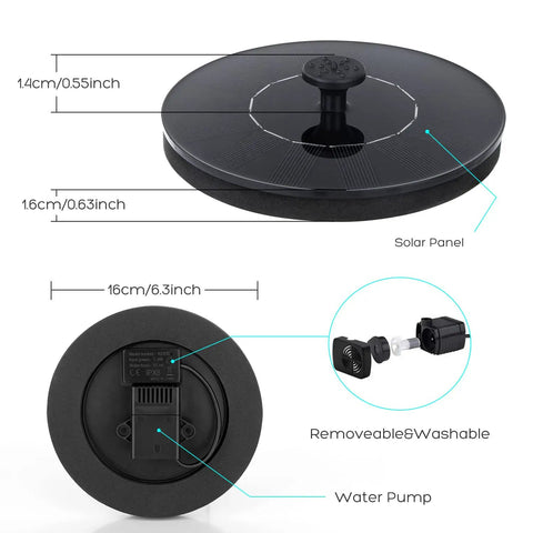 Solar Bird Bath Fountain Pump With Six Nozzles, 1.4W Upgrade, floating design, removable washable water pump, solar panel detail