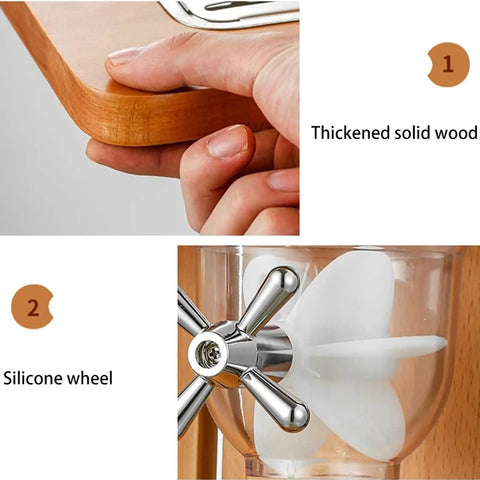 Triple Head Cereal Dispenser For Kitchen Setup, showing thickened solid wood base and silicone wheel for smooth dispensing.