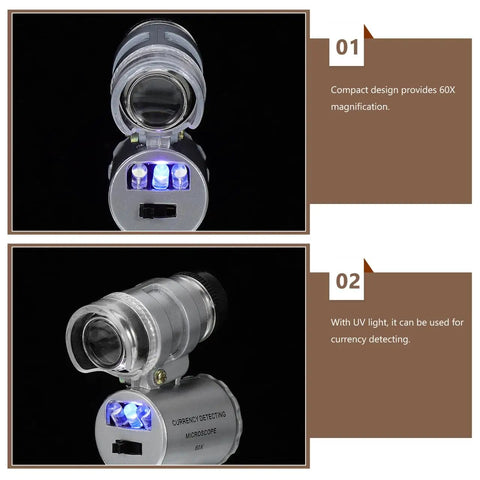60x Pocket Microscope With LED Light For Jewelry And Currency Inspection Ultra Compact Magnifier shown with LED and UV lights