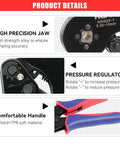 Pro Grade Ferrule Crimping Tool Kit With Square Crimpers For AWG 23 To 7 Wire Ends ergonomic handle and precision jaw details