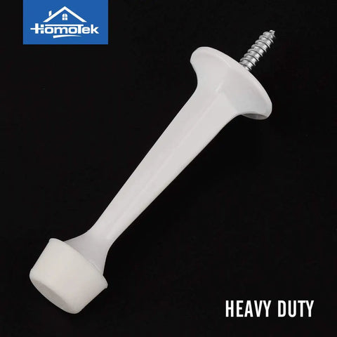 Hefty Zinc Die Cast Door Stops Four Pack With Soft Rubber Buffers Knockout Drywall Defender Kickback Guard Flush Mounts To Baseboards Quick Screw Setup Flat White Finish close-up of a heavy duty door stop with screw and rubber base.