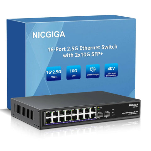 16-Port 2.5G Ethernet Switch with 2x10G SFP+ in a fanless metal case, shown with packaging, ideal for home office networks.