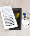 Floor Vent Trap Mesh Covers For 4x10 Floor Registers Pack Of 5 Debris Catchers next to collected debris including coins and keys.