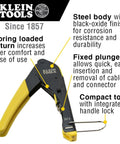 Klein Tools coax crimp tool with steel body and yellow handle, featuring compact design and spring loaded return.