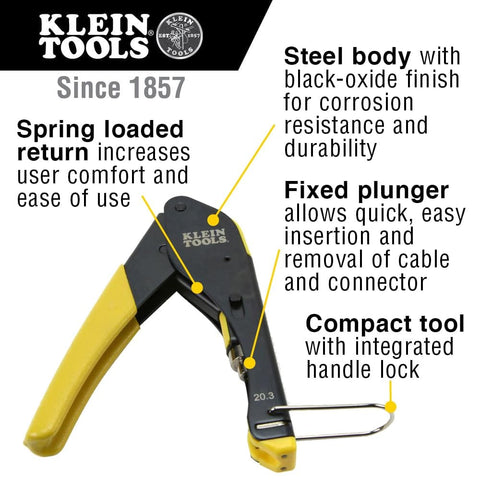 Klein Tools coax crimp tool with steel body and yellow handle, featuring compact design and spring loaded return.