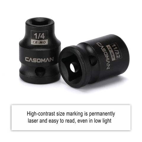 11 Piece Three Eighths Inch Drive Pipe Plug Socket Set SAE CR MO Chrome Moly Black Phosphate Finish, close-up on size markings