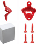 Red Cast Iron Wall Mounted Bottle Cap Opener Set With Open Here Embossed Deck Bar Accessory For Beer And Soda No Sweat Single Hand Pop Party Essential Solid Build Heavy Duty Design with four red screws.