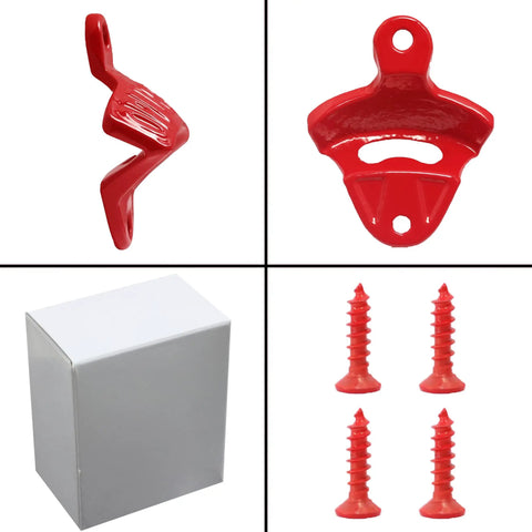 Red Cast Iron Wall Mounted Bottle Cap Opener Set With Open Here Embossed Deck Bar Accessory For Beer And Soda No Sweat Single Hand Pop Party Essential Solid Build Heavy Duty Design with four red screws.