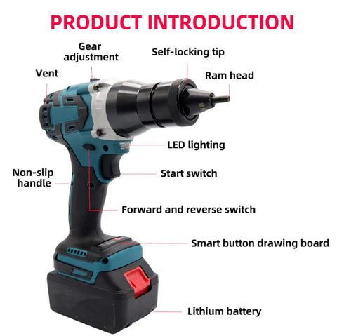 Game Changer Cordless Electric Rivet Gun With Dual 4000 Mah Batteries For Quick Blind Riveting On Rvs Boats And Gutters features LED light, non-slip handle.