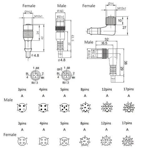 Technical diagram of M12 A Coded 4 Pin Female Right Angle Shielded Sensor Cable