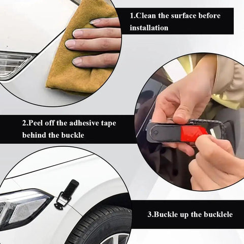 2 Pack Bumper Clips Quick Release Fasteners For Cars, Carbon Fiber Look, shown in installation steps on vehicle
