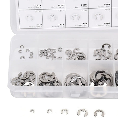 120 Piece E Clips Assortment Kit Heat Treated External Retaining Clips Stainless Steel Snap Rings 1.5mm to 10mm for Bearings and Gears in a Handy Organized Slot Case, clear box with 6.0-9.0mm compartments