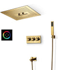 Top Shelf Ceiling Mounted Rain Shower System With 16 Inch Brushed Gold Heads Custom Led Colors And Smooth Touch Controls including controls and handheld sprayer.