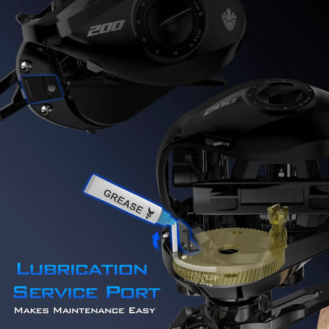 Close-up of the Megatron 200 Baitcasting Reel With Wide Frame And High Capacity Spool 6.4 To 1 Gear Ratio Right Handed showing lubrication port