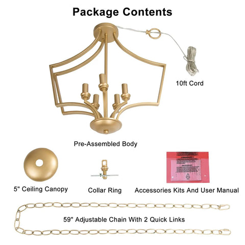 Package contents of Five Light Gold Pendant Chandelier For Dining Room Living Room Bedroom And Kitchen Island W19 H24 Inches
