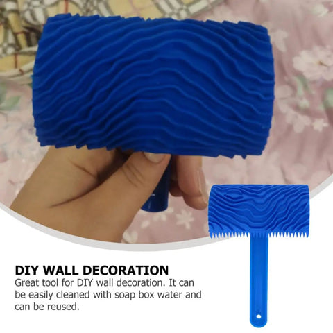 Killer Rubber Wood Graining Paint Roller For Real Deal Faux Finish Wall Texture Job With Extra Long Handle to Keep Your Gear Clean and Slap Down Reusable DIY Painting Solutions Smooth, blue rubber, held in hand.