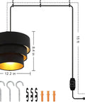 Plug In Pendant Light With Fabric Shade Three Tier Layered Hanging Lamp for cozy bedroom kitchen living room dining table black