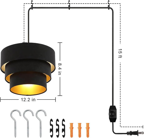 Plug In Pendant Light With Fabric Shade Three Tier Layered Hanging Lamp for cozy bedroom kitchen living room dining table black