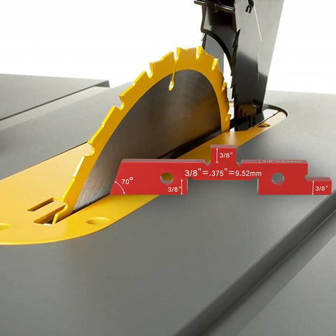 Setup Blocks Height Gauge 14 Piece Aluminum Alloy Precision Bars For Woodworking And Router And Saw Alignment Tools next to saw blade.