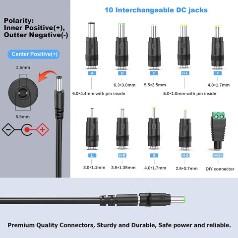 Versatile 14V 56W Power Supply Charger With 10 DC Jacks, Plug And Play, Adjustable 4A 3A 2A 1A Output, UL Listed, Energy Efficiency VI, Regulated Adapter With Built In Short Circuit, Overcurrent, Overvoltage And Over Temperature Protection. 10 interchangeable DC jacks shown