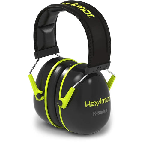 Black over-the-head earmuffs with green accents, 26 dB NRR, padded headband for comfort. Adjustable Over-The-Head Hearing Protection Earmuffs With 26 dB NRR For Loud Job Site Work Like Lawn Care, Construction, And Tool Tasks, Featuring A Padded Headband For All Day Comfort And Superior Noise Reduction.