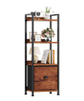 4 Tier Bookshelf With Fabric Drawer And Industrial Wood And Metal Storage Shelf Space Saver For Small Rooms In Bedroom Or Living Room