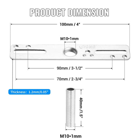 4 Inch Ceiling Light Mounting Bracket Kit - Universal Crossbar Hardware Set For Chandeliers And Wall Lights, 4-Pack Silver Steel Brackets With 3 Eighth Inch Lamp Pipes, Easy Install, Durable And Flexible Fit. dimension diagram of 4-inch silver steel bracket and 40mm lamp pipe