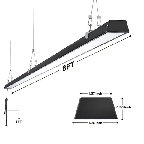 Black 8ft LED Shop Light, 100W 12500lm, 5000K Daylight with 5ft Cord, Dual Mount Suspension Detail, Super Bright and Energy Efficient