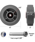 Heavy Duty 6 Inch By 2 Inch Rubber Tread Caster Wheels Set Of 4 With 1/2 Inch Bore For Carts And Hotels Quiet Indoor Use measurement diagram