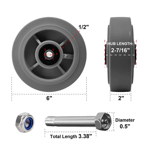 Heavy Duty 6 Inch By 2 Inch Rubber Tread Caster Wheels Set Of 4 With 1/2 Inch Bore For Carts And Hotels Quiet Indoor Use measurement diagram