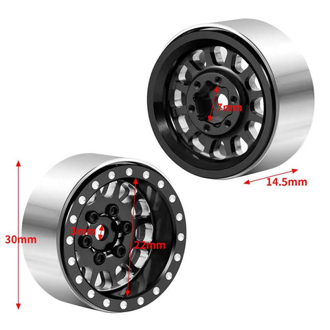 Beadlock Wheel Rims For 1 24 Scale RC Crawlers, 4 Piece Aluminum CNC Machined Black Upgrade For Axial models, dimensions shown