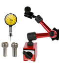 Dial Indicator With Magnetic Holder And Bore Gauge Stand For Machining And Inspection, Magnetic Base Micrometer Tools, Hour Type Indicator Comparator, 0 To 0.08 Mm Reading, Pro-Grade, Workshop-Ready Precision Gauge For Watches And Parts. Yellow dial indicator on red magnetic base with bore gauge stand and tips.