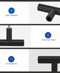 12 Pack Black Cabinet Knobs for Drawers and Cabinets, 2 Inch Single Hole, Includes 1 Inch and 1.77 Inch Mounting Screws, Easy Install, Individually Wrapped, Durable Modern Hardware for Quick Update black T-bar knob close-up