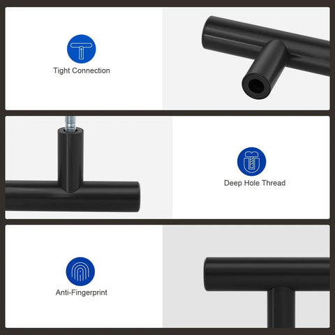 12 Pack Black Cabinet Knobs for Drawers and Cabinets, 2 Inch Single Hole, Includes 1 Inch and 1.77 Inch Mounting Screws, Easy Install, Individually Wrapped, Durable Modern Hardware for Quick Update black T-bar knob close-up