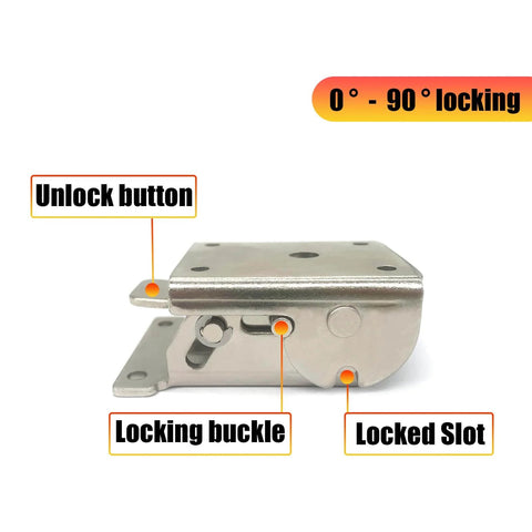 Folding Table Locking Hinges With 0 To 90 Degree Adjustable Range For Stable Folding Surfaces, showing lock button and buckle.