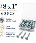 Number Eight By One Inch Phillips Washer Head Screws 60 Pack With Storage Box for Light Wood Projects and Furniture Repair