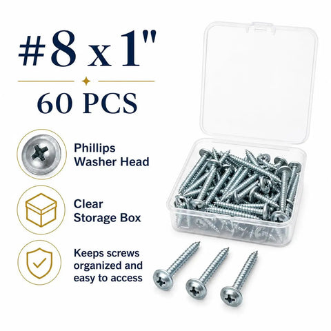 Number Eight By One Inch Phillips Washer Head Screws 60 Pack With Storage Box for Light Wood Projects and Furniture Repair