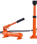 Heavy Duty 4 Ton Porta Power Kit With Portable Hydraulic Jack And 3.9 Ft Hose For Auto Body Frame Repair Plus Truck Farm Use Includes Storage Case And Spreader For Bull Work Efficiency, orange hydraulic pump with hose and ram.