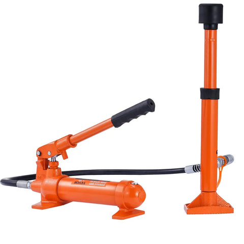 Heavy Duty 4 Ton Porta Power Kit With Portable Hydraulic Jack And 3.9 Ft Hose For Auto Body Frame Repair Plus Truck Farm Use Includes Storage Case And Spreader For Bull Work Efficiency, orange hydraulic pump with hose and ram.