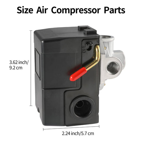 LF10-4H Air Compressor Pressure Switch Replacement with red lever, 4 ports, unloader valve, black casing and silver connectors.