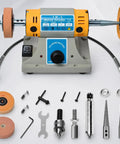 Jewelry Polisher And Bench Grinder Kit With Adjustable Speed, Compact Metal Buffer, wheels, flexible shaft, and tools displayed.