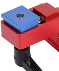 Close-up of Beefy 30 Type Miter Track Stop Block Aluminum Alloy T Slot Stop for 30mm guide rails in red and blue colors.