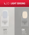 Four In One LED Power Failure Night Light Plug In With Light Sensing Auto On Off showing on and off modes in outlet