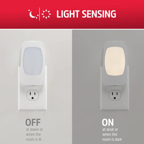 Four In One LED Power Failure Night Light Plug In With Light Sensing Auto On Off showing on and off modes in outlet
